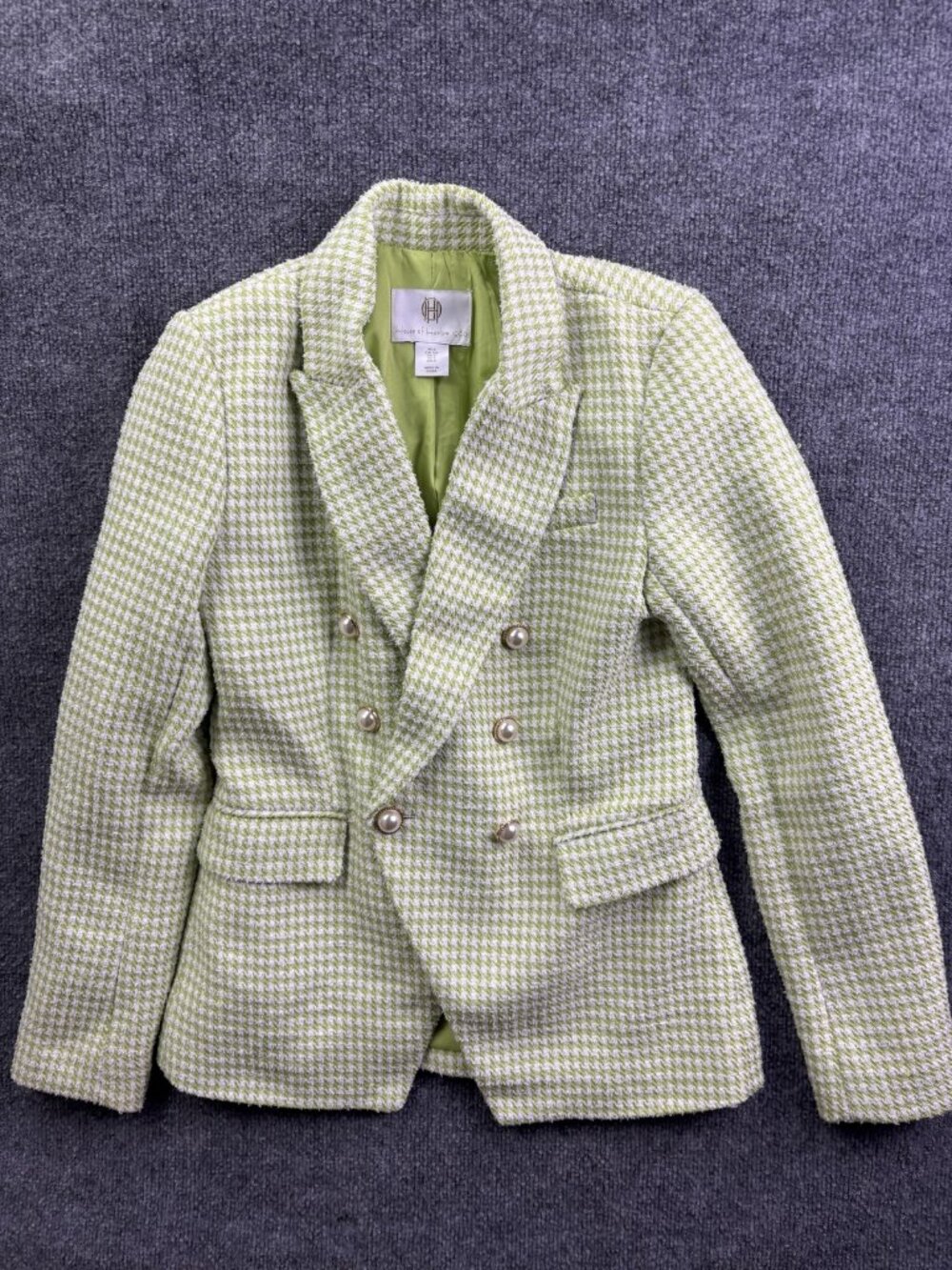 House Of Harlow 1960 Blazer Womens Small Green Tweed Double Breasted Check